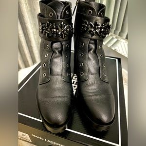 Women’s Karl Lagerfeld Black Leather Boots with Rhinestone. Size 7.